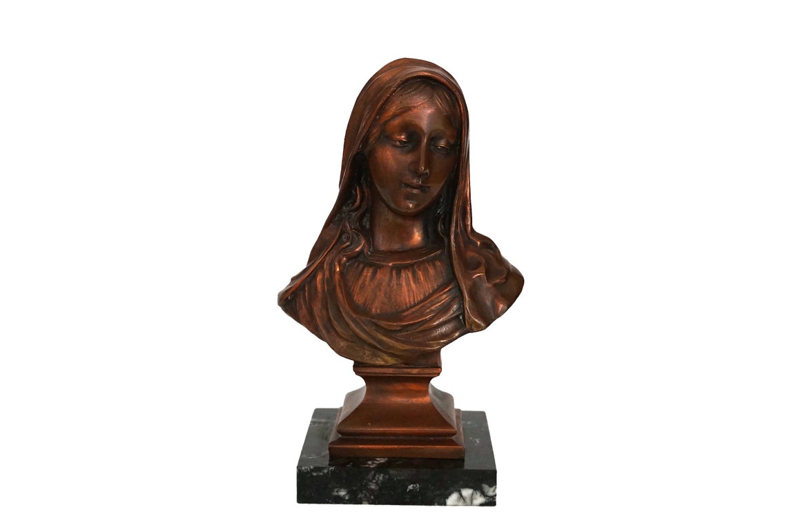 Virgin Mary Bust Statue on Marble Base French Catholic Saint image 0