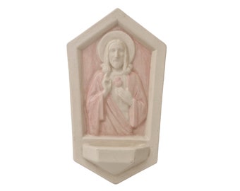 Art Deco Desvres Holy Water Font, Sacred Heart of Jesus Wall Pocket by Gabriel Fourmaintraux
