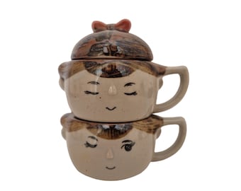 Tasses à thé empilables en poterie des années 1970 avec visages, cadeau thé pour deux