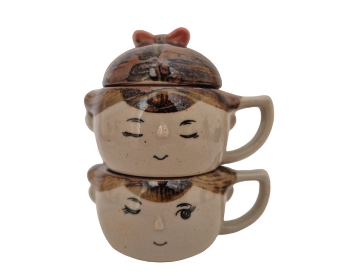 1970s Pottery Stackable Teacups with Faces, Tea For Two Gift