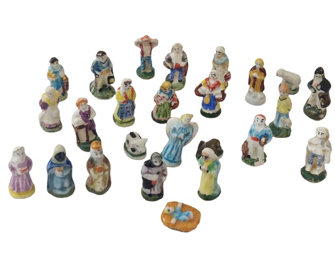 French Tiny Feves Christmas Nativity Set, 25 Ceramic Miniature Figurines