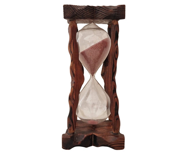 Large Sand Hourglass Timer in Brutalist Wood Stand, 15 Minute Glass Timer