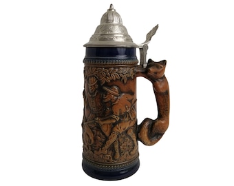 German Beer Stein with Fox Handle and Lid, Ceramic Hunting Scene Tankard Mug