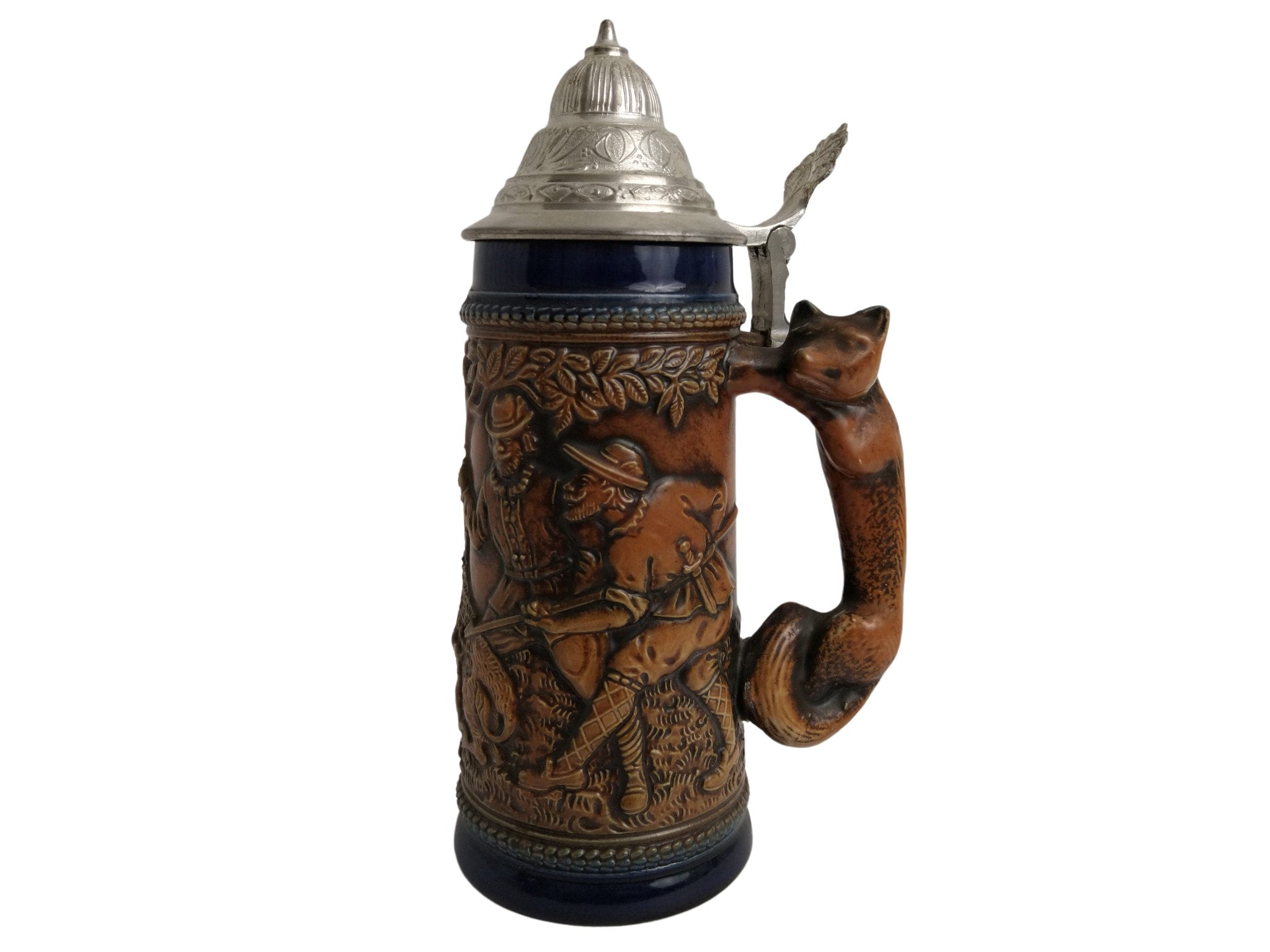 German Beer Stein with Fox Handle and Lid, Ceramic Hunting Scene