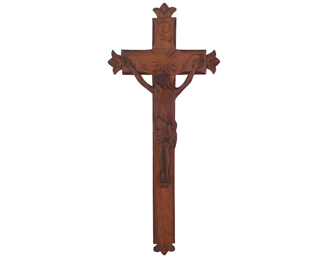 Large Hand Carved Wood Crucifix, Primitive French Wall Hanging Cross with Jesus Figurine