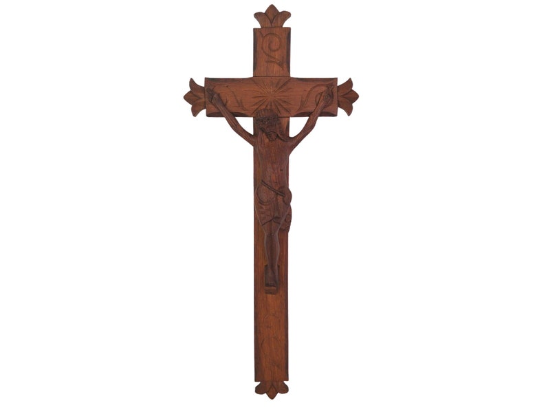 Primitive Hand Carved Wood Crucifix, Large French Wall Hanging Cross with Jesus Figurine