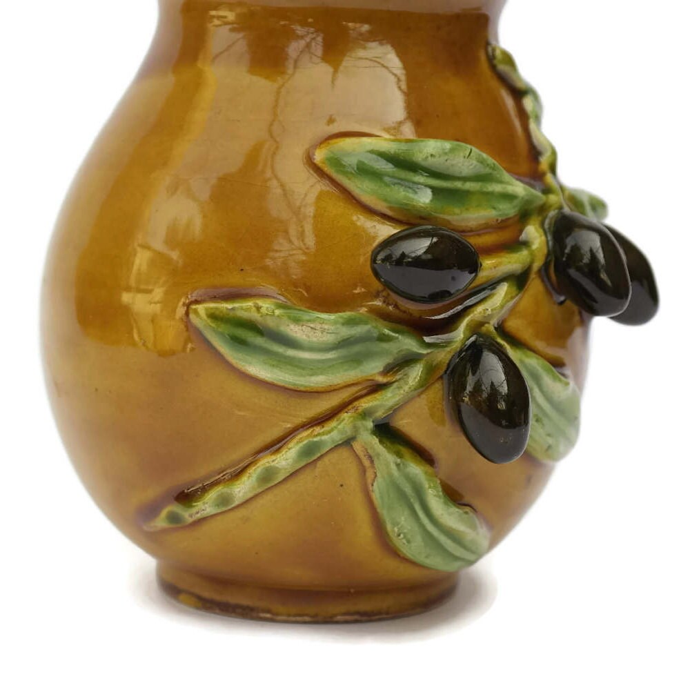 French Olive Jar with Olive Ladle. Wooden Olive Spoon with Glazed