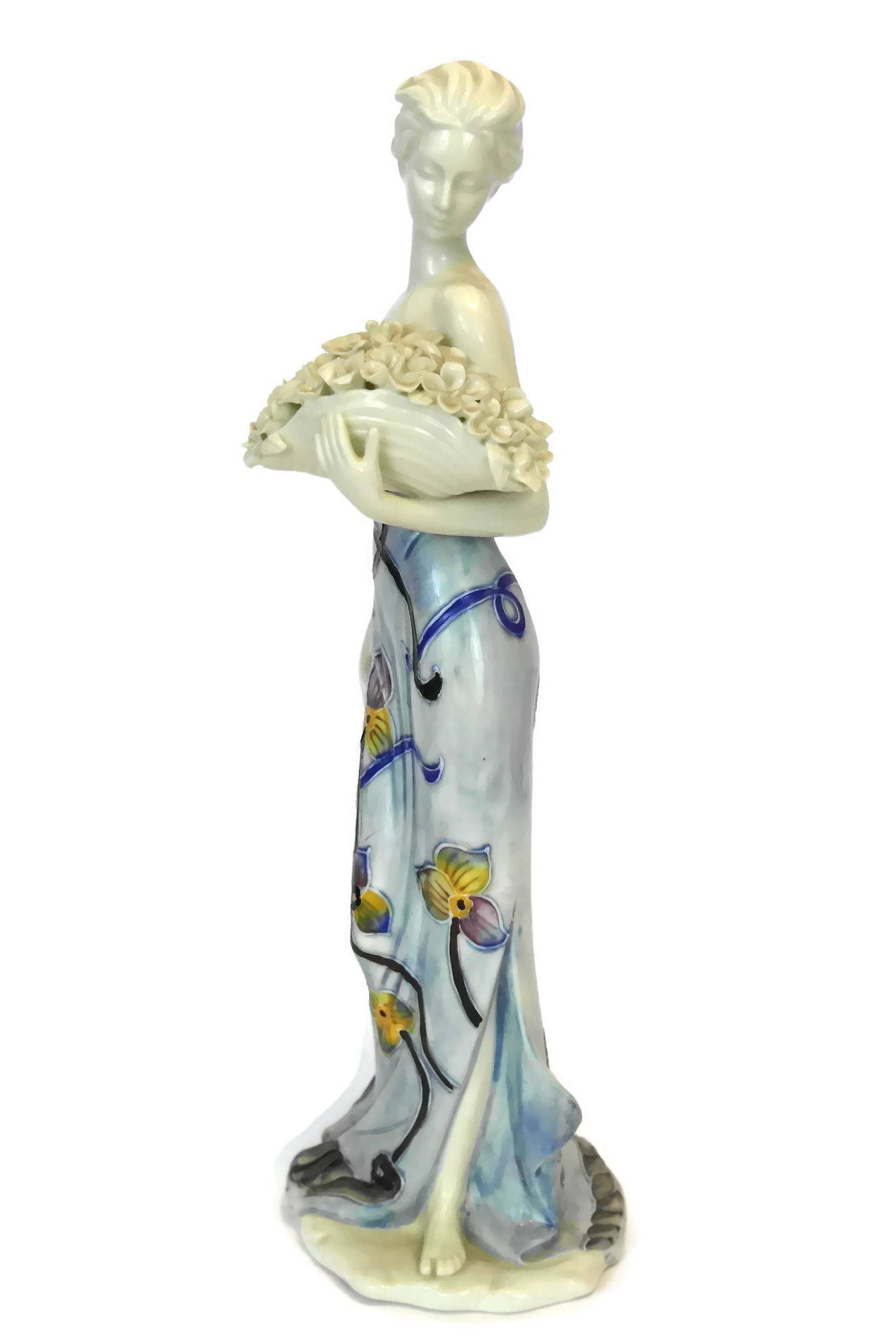 French Porcelain Lady Figurine with Frangipani Flower Basket. Woman Art