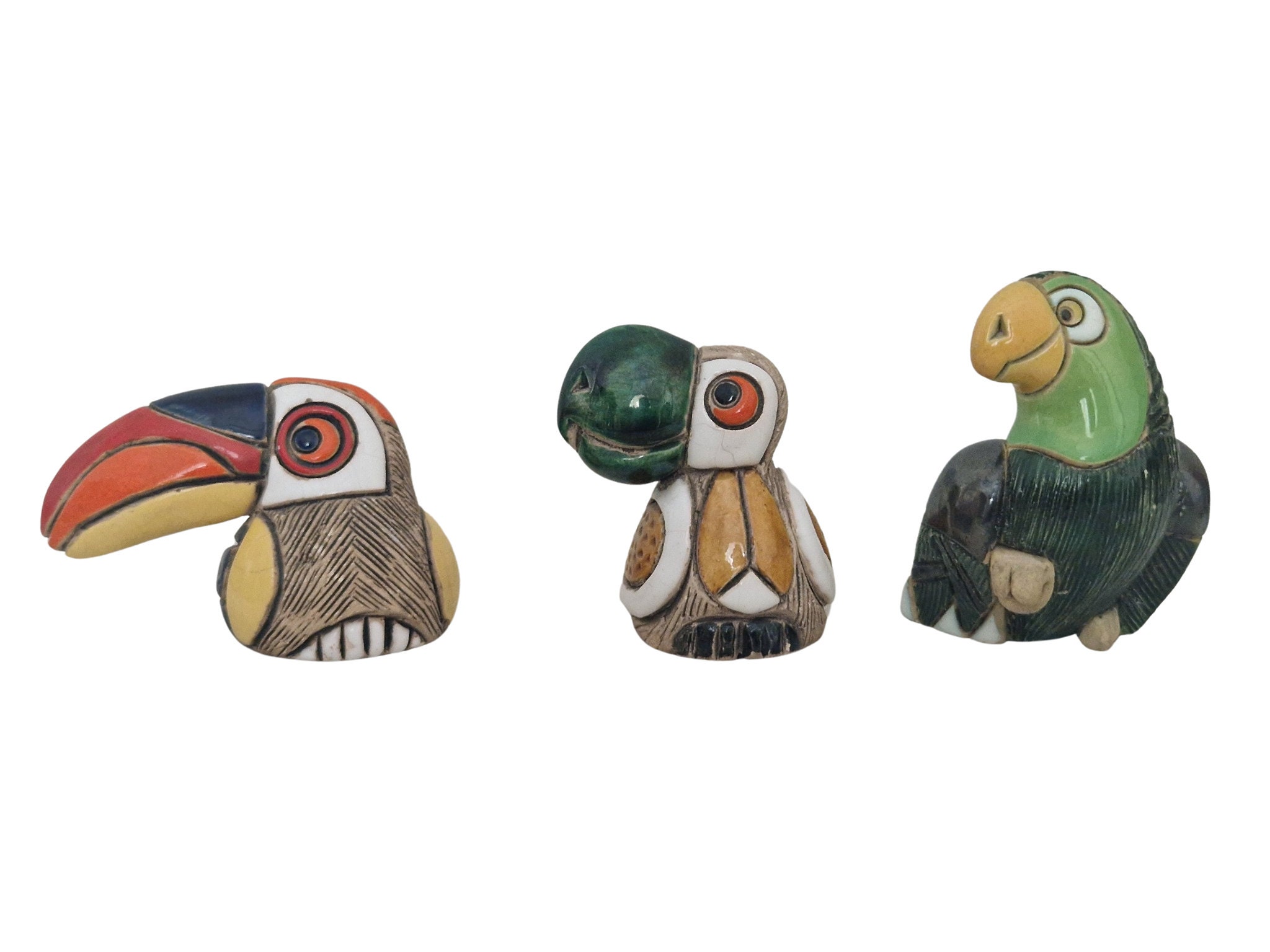 Artesania Rinconada Bird Figurines, Set of 3, Ceramic Miniature Parrots