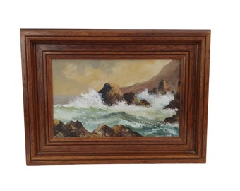 Vintage French Seascape Oil Painting by Andre Abguillerm, Nautical and Maritime Art with Stormy Sea, Waves and Rocks