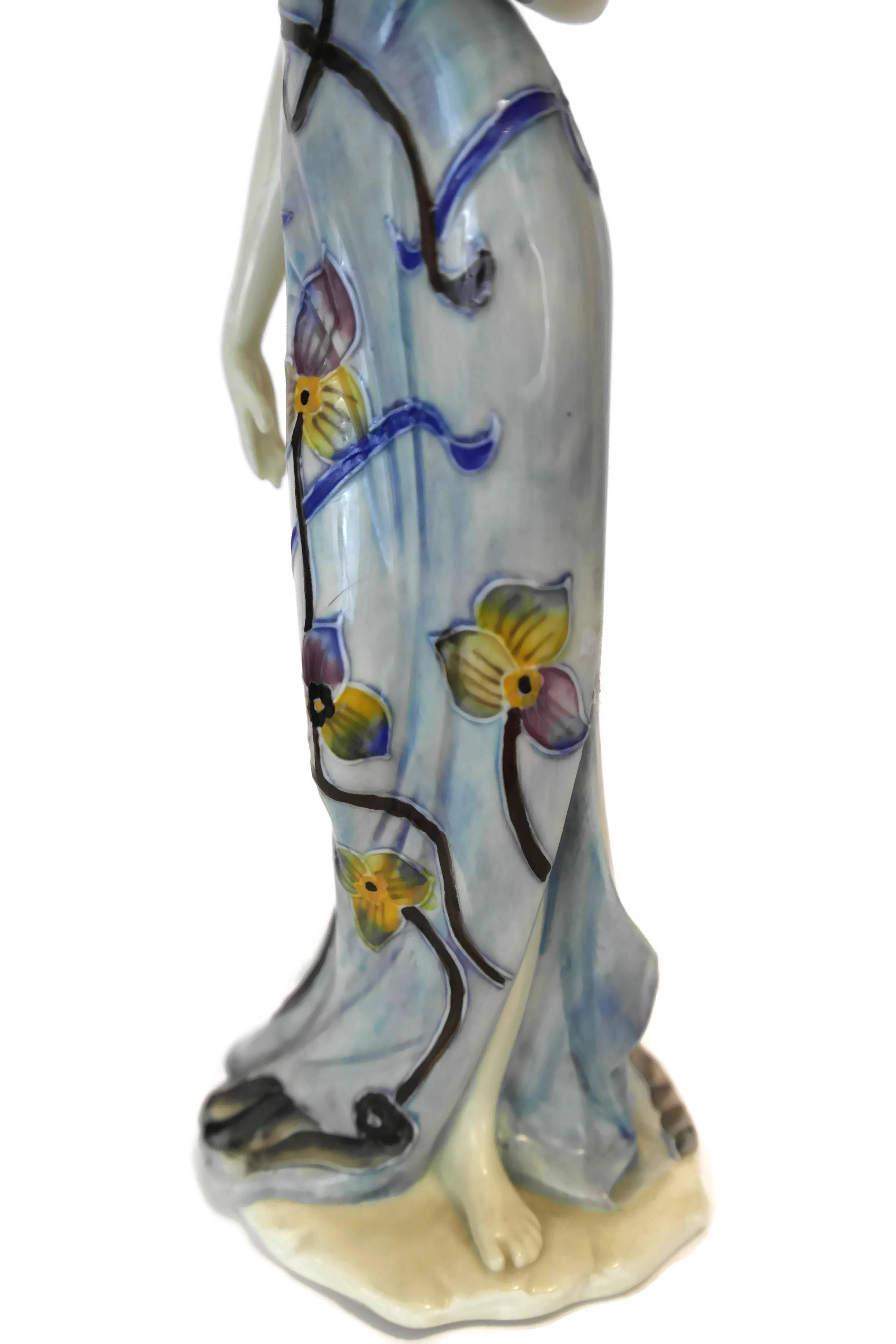 French Porcelain Lady Figurine with Frangipani Flower Basket. Woman Art