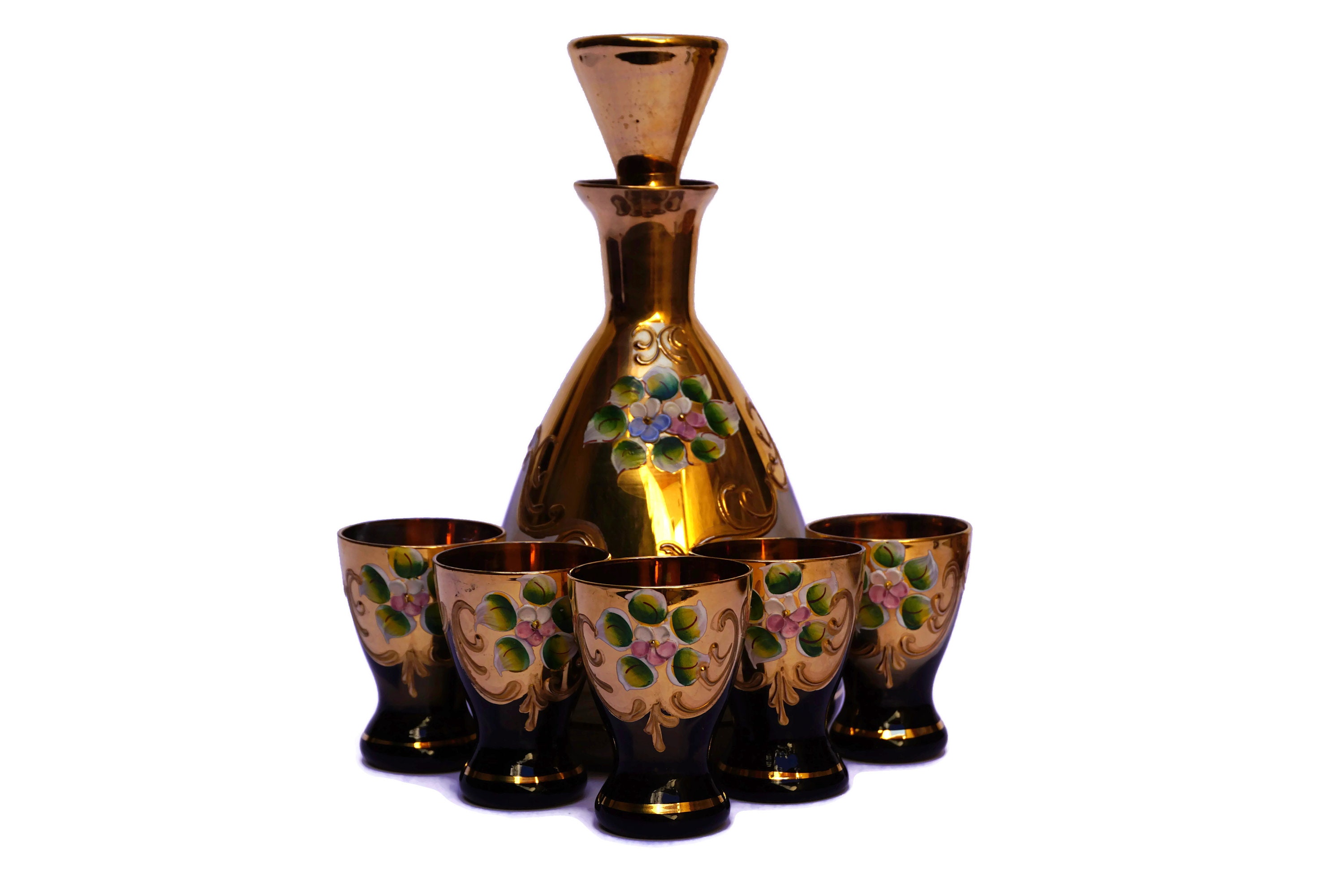 Murano Glass Decanter Set with Florentine Drinks Tray, Vintage Italian