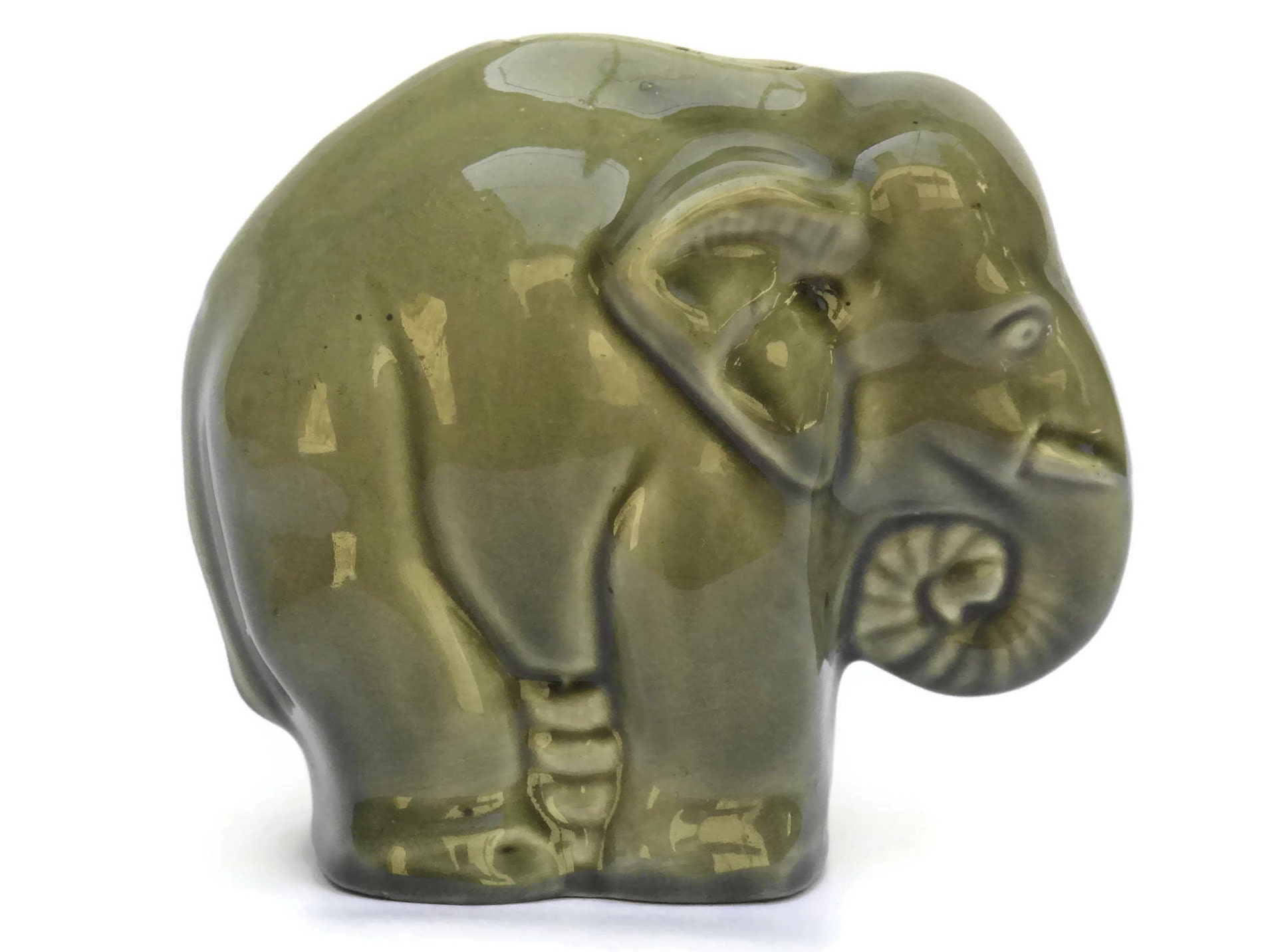 French Ceramic Elephant Money Bank, Majolica Elephant Figure Money Box
