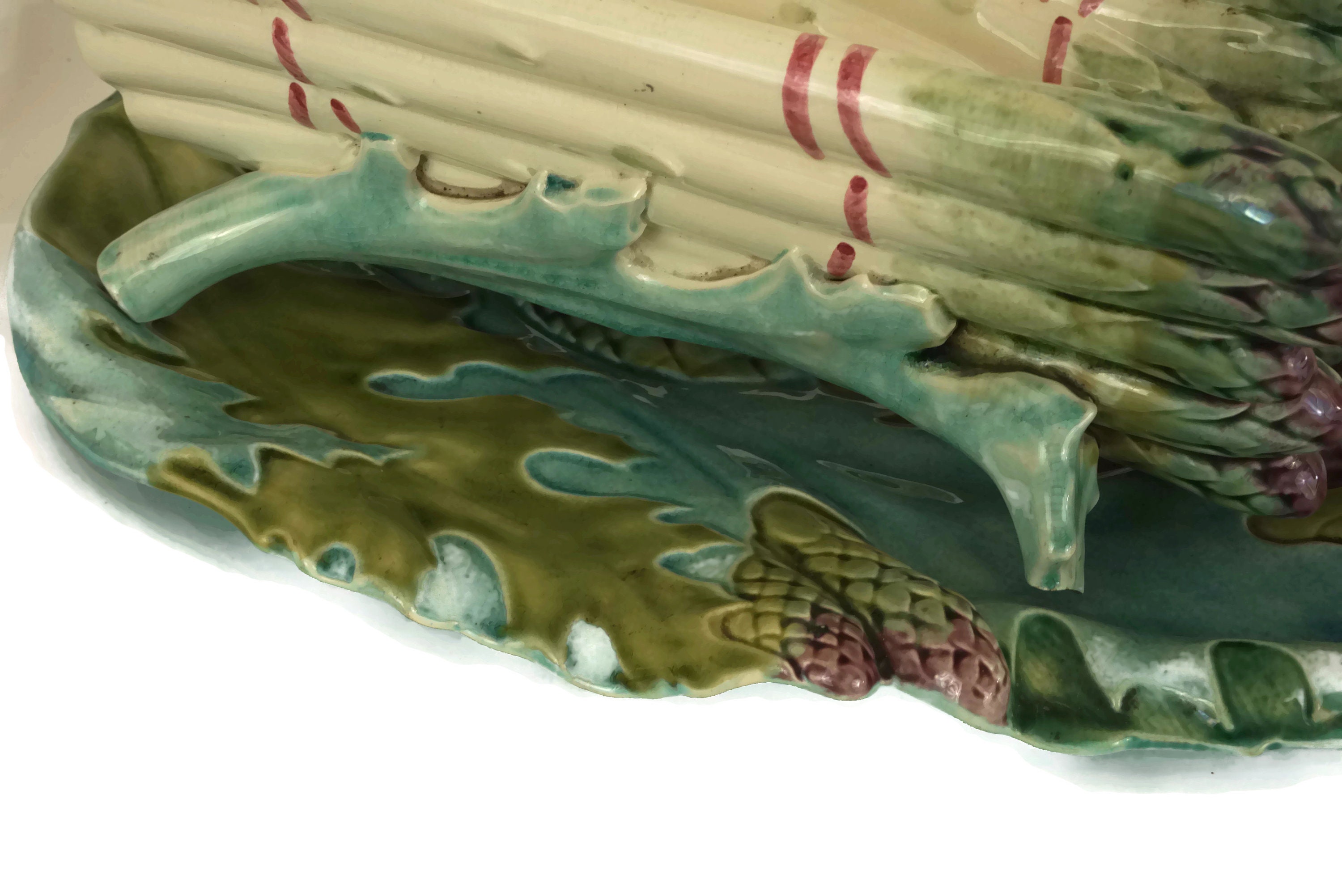 Antique Asparagus Server Platter, French Majolica Cradle and Drainer