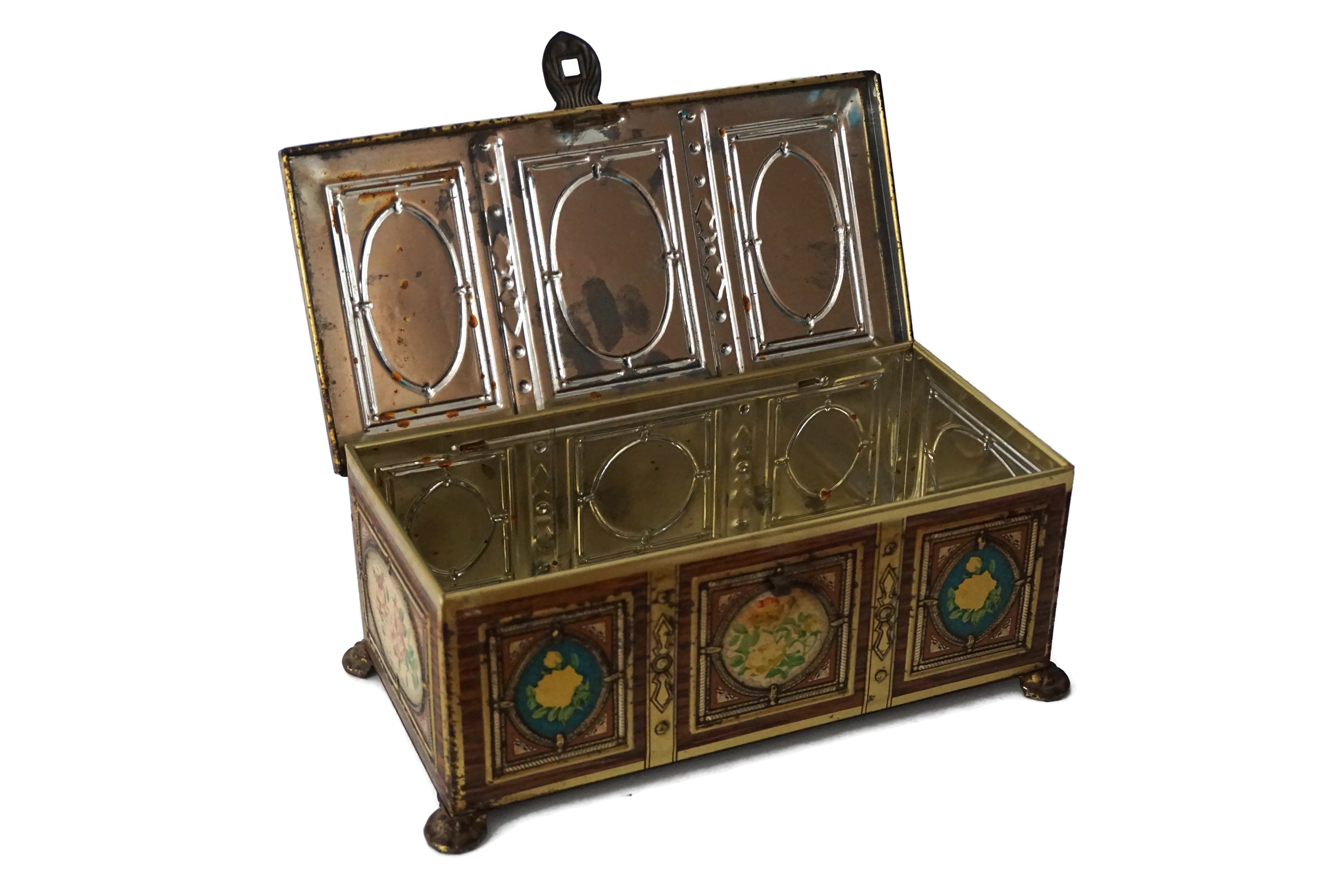 French Tin Treasure Chest Candy Box with Lithograph Roses