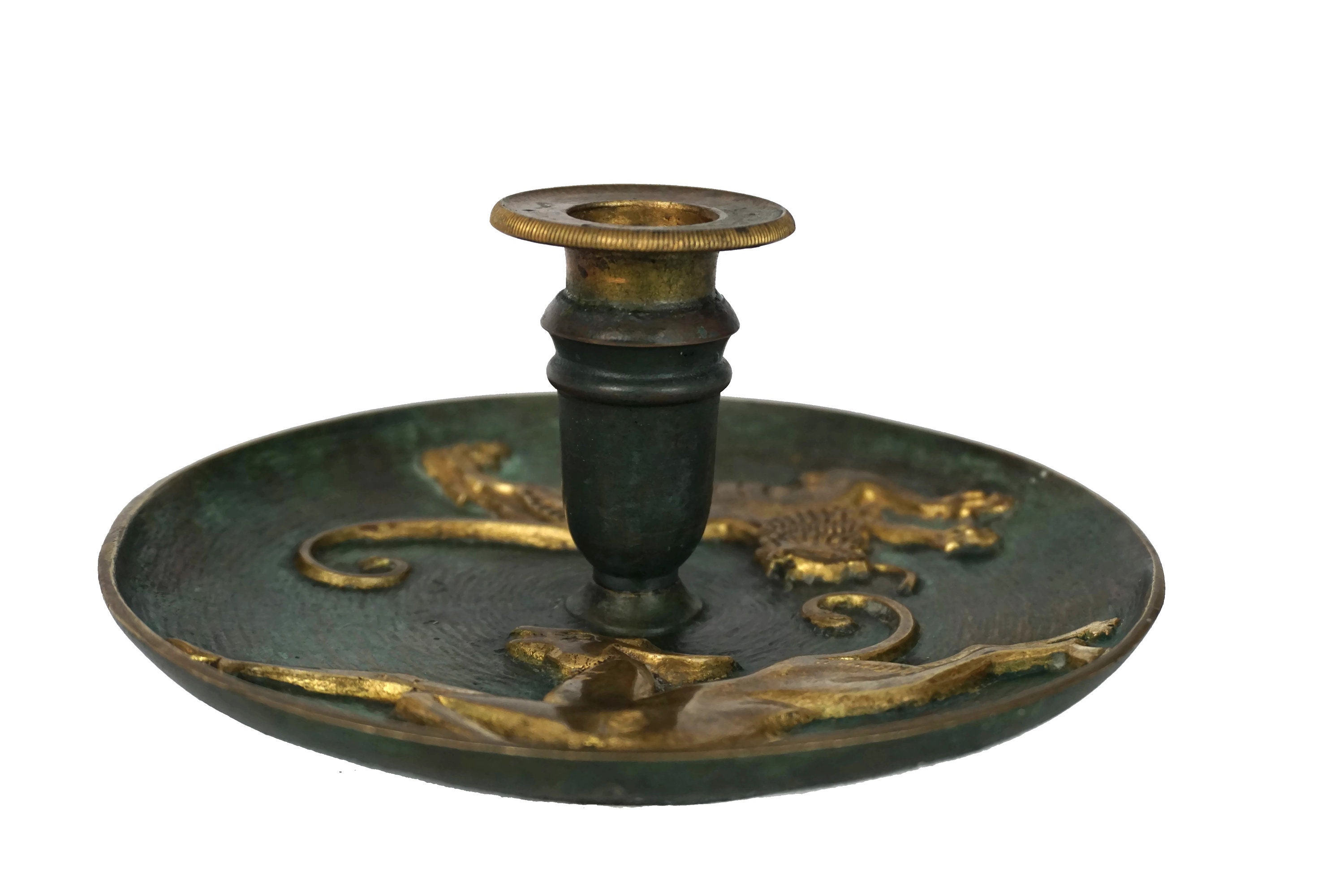 French Brass Candlestick Holder with Lion and Antelope Figures, Candle