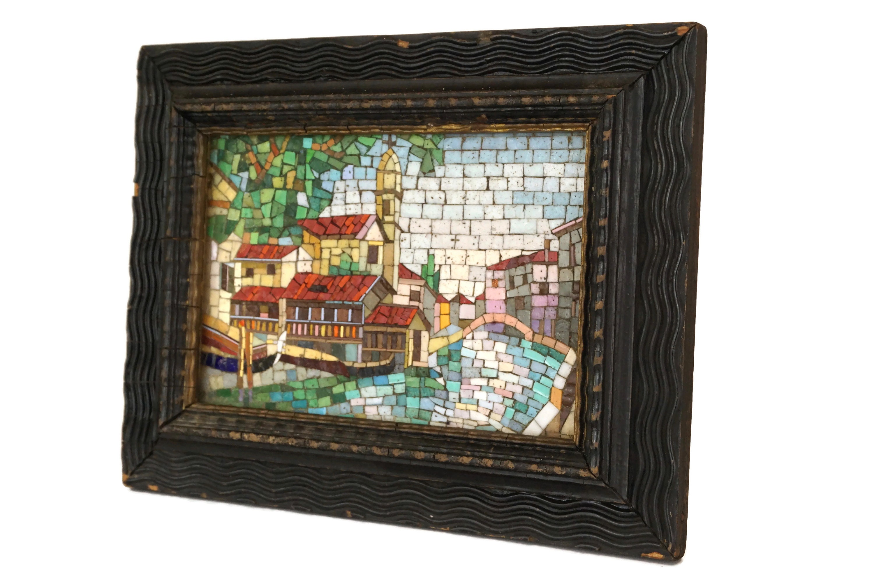 Antique Italian Micro Mosaic Venice Souvenir Scene in Frame