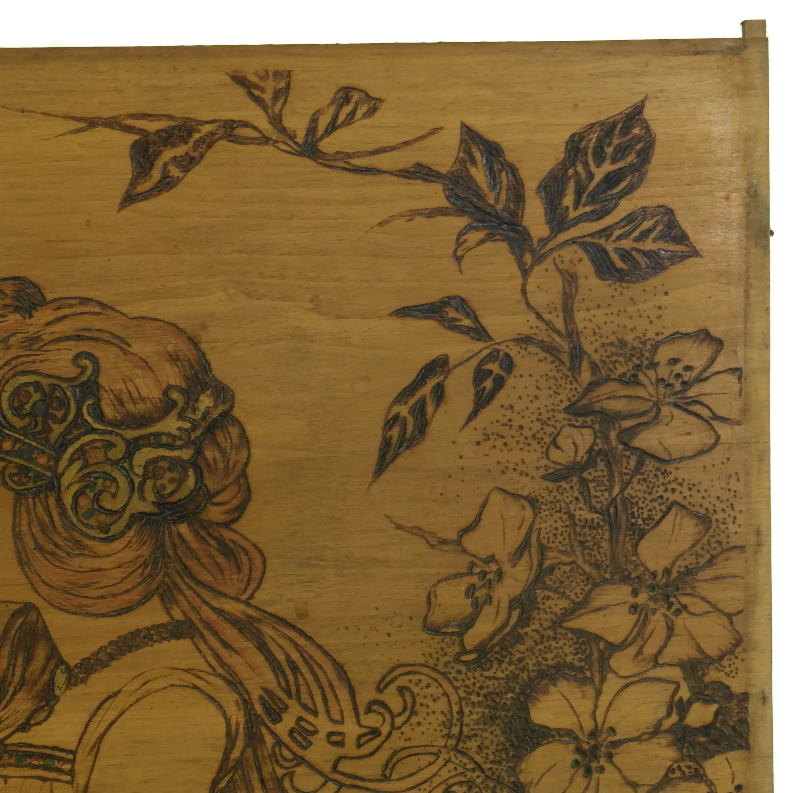 Art Nouveau Pyrography Wood Panel, Belle Epoque Woman Portrait, Art