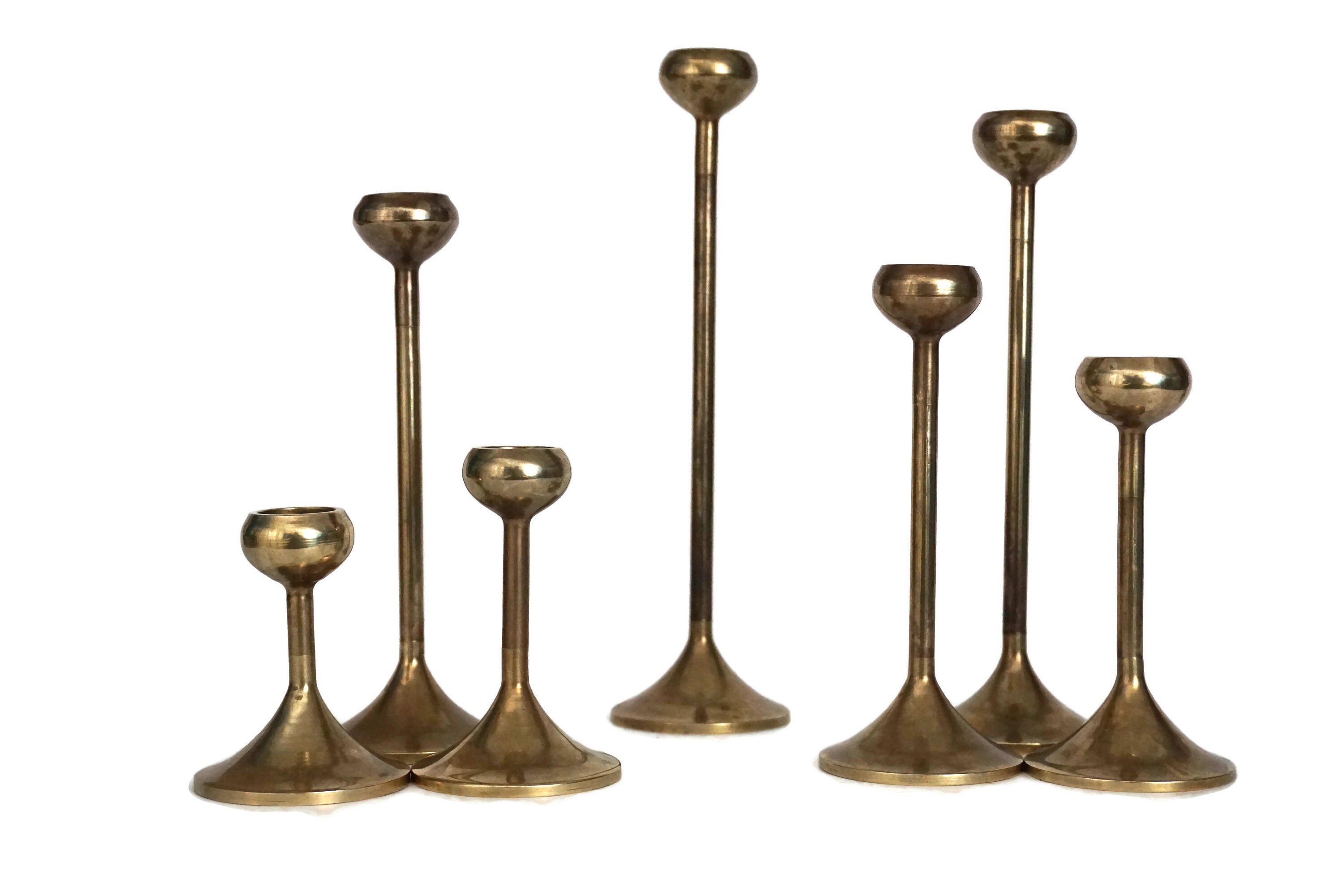 Graduated Brass Tulip Candle Holder Set of 7, Vintage Tiered Minimalist Candlesticks