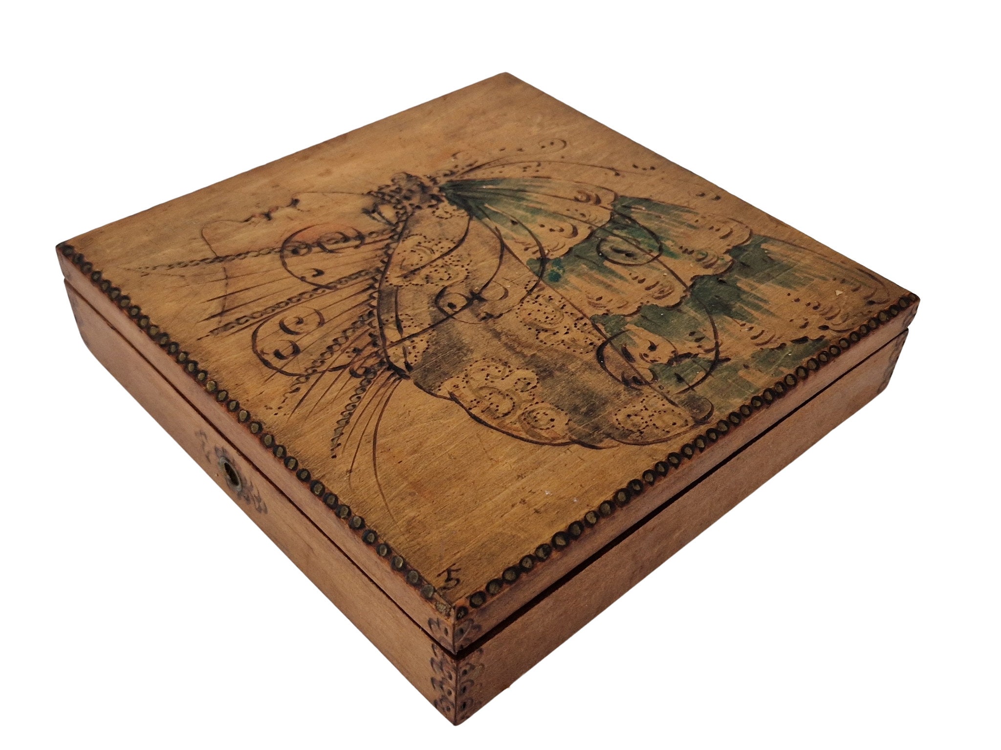 RESERVED for Lauren. French Art Deco Wooden Candy Box with Portrait of