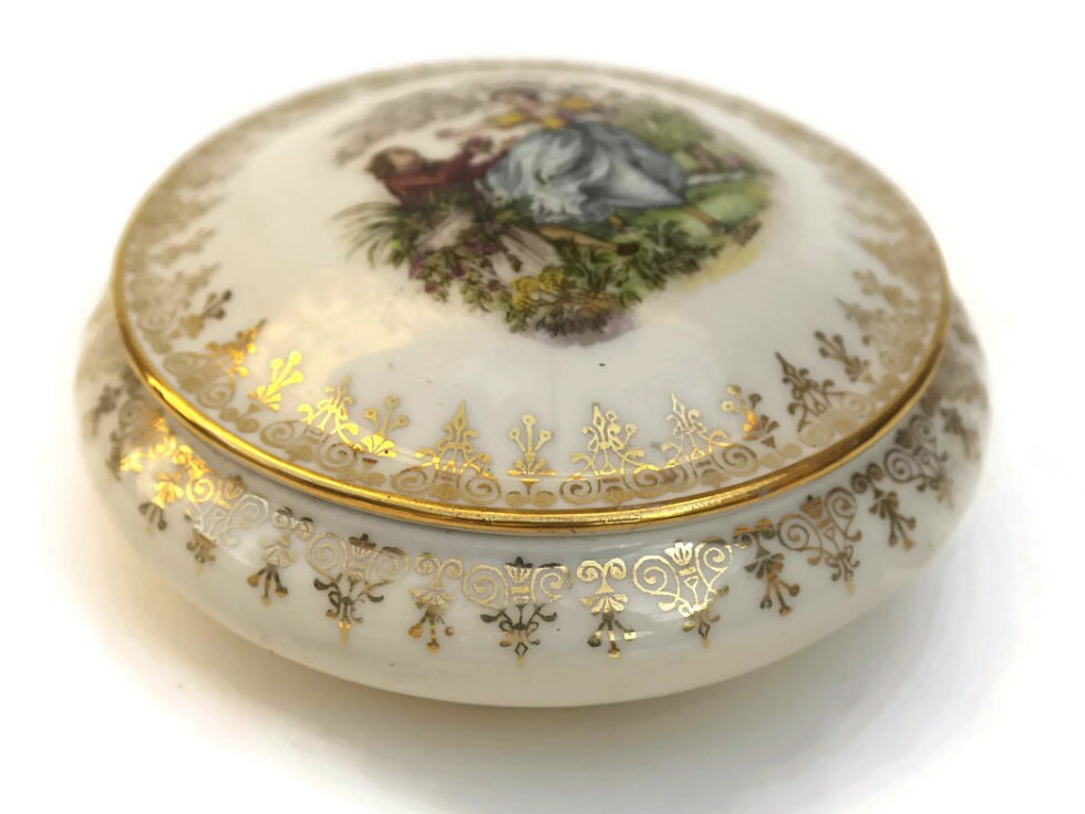 Limoges Porcelain Trinket Dish with Romantic French  
