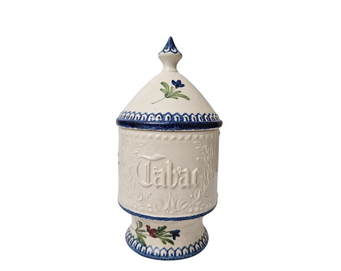 French Ceramic Tobacco Jar By Saint Clement, Hand Painted Pottery Canister