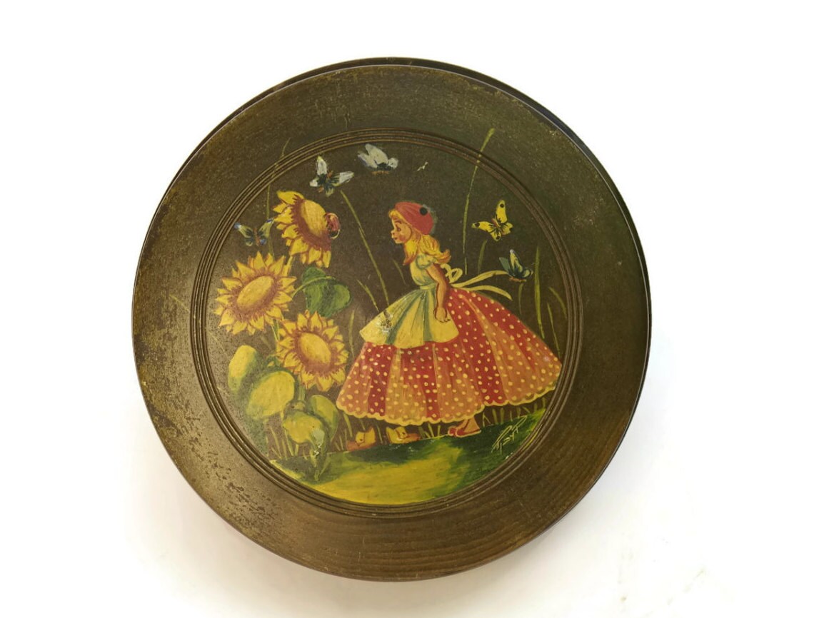 Hand Painted Jewelry Box Round Wooden Bowl With Lid Vintage French Round Wooden Bowl With Lid Vintage French Girl S Ring Dish