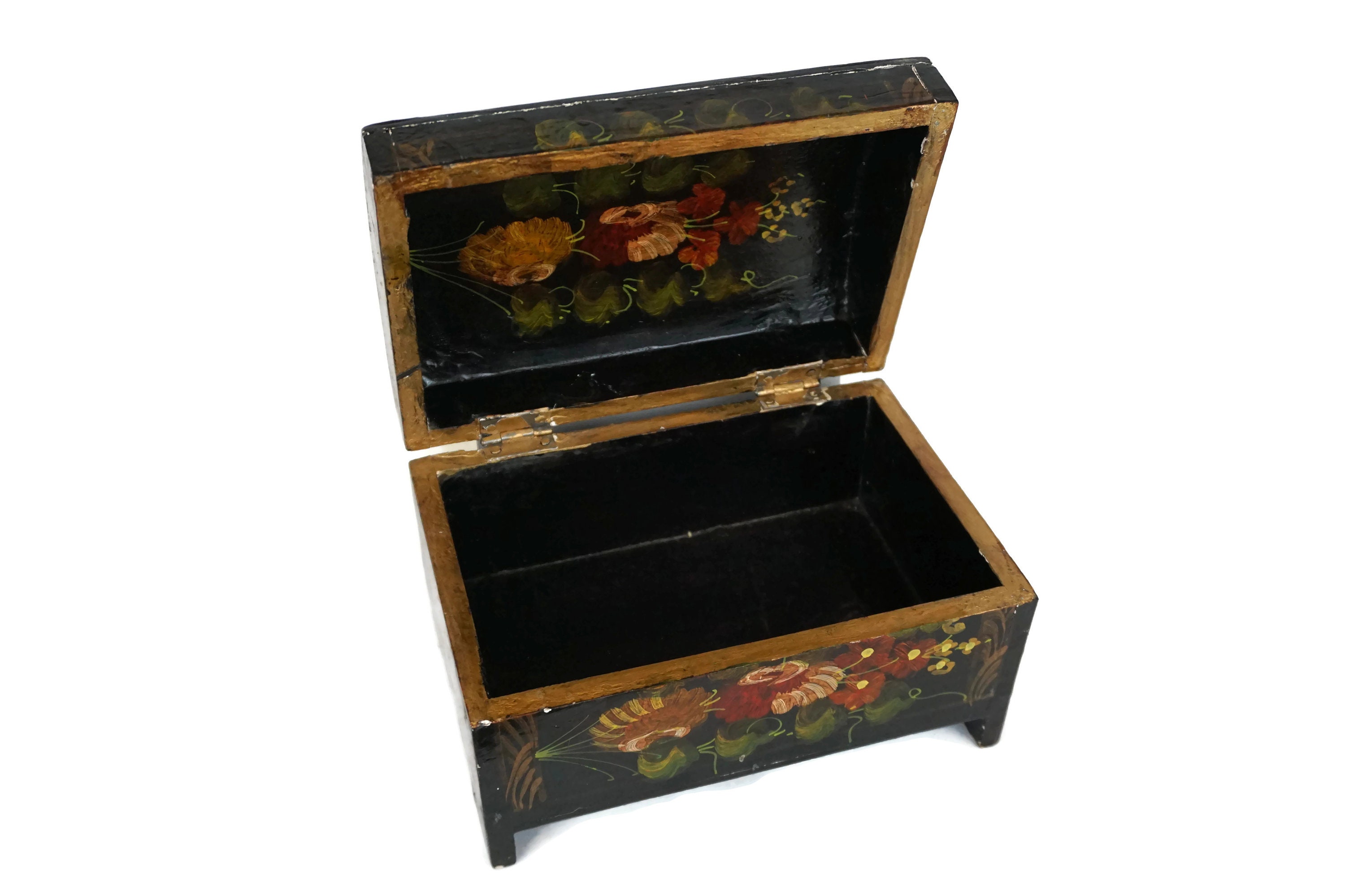 Painted Tole Flower Wooden Chest Jewelry Box, Folk Art Home Decor