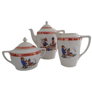 Art Deco Porcelain Tea and Coffee Service Set with Children Decor, Lusterware Teapot, Creamer and Sugar Bowl