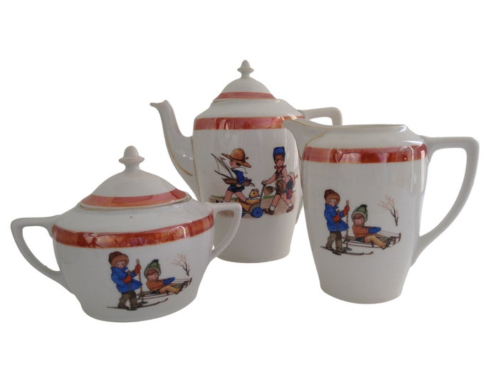 Art Deco Porcelain Tea and Coffee Service Set with Children Decor, Lusterware Teapot, Creamer and Sugar Bowl