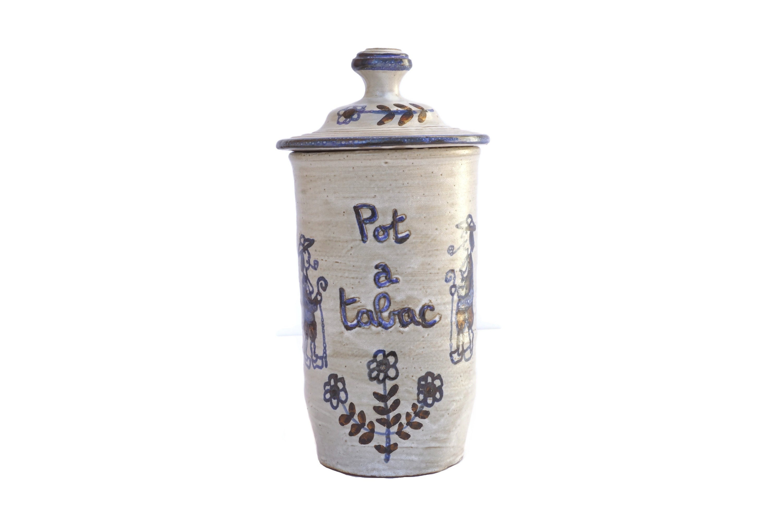 French Stoneware Pipe Tobacco Jar, Mid Century Hand Painted Folk Art