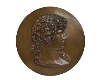 Antique Barbedienne Bronze Medallion Plaque with Antinous Portrait, Ancient Greek Male Art
