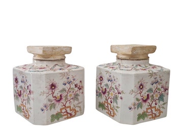 19th Century French Ceramic Bathroom Storage Canister Jars, Set of 2 with Chinoiseries Style Flowers by Sarreguemines in CHINA Pattern