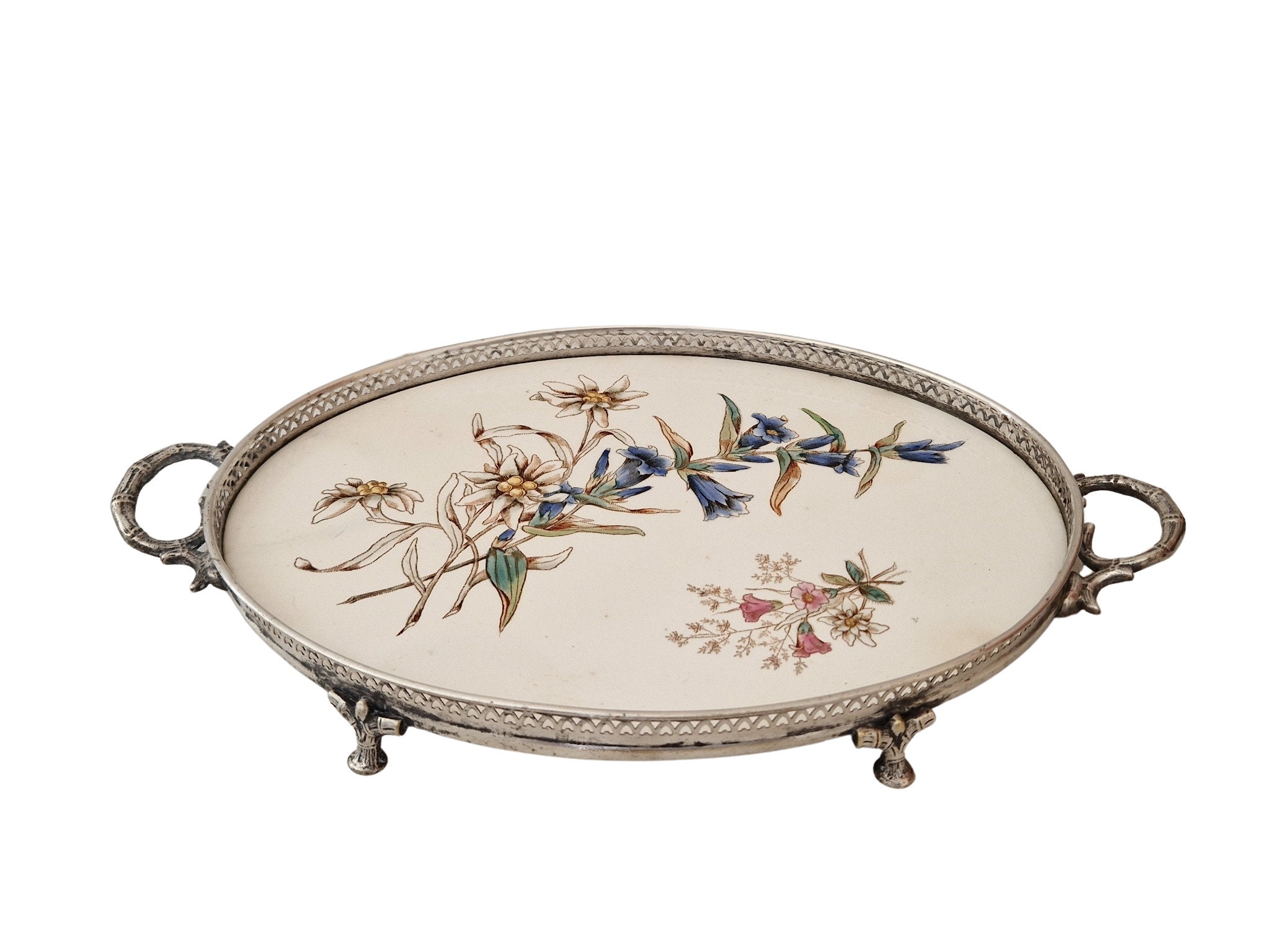 Antique Porcelain Serving Tray with Flower Transferware and Silver
