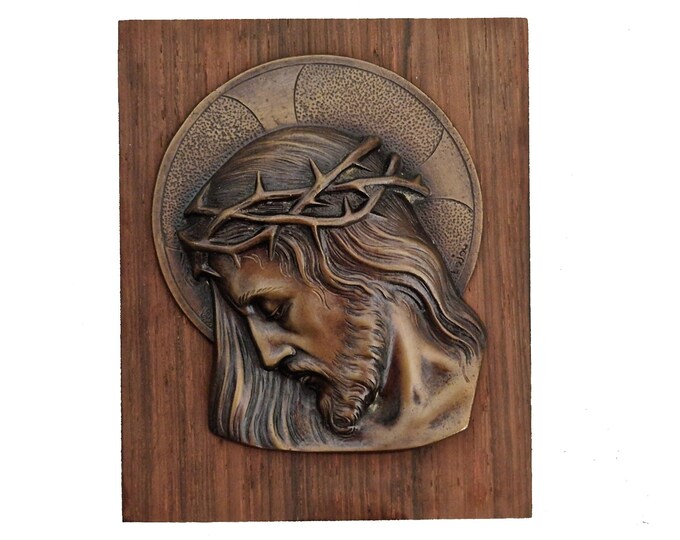 Antique Bronze Jesus Christ Portrait Medallion Plaque, French Christian Gifts & Home Decor