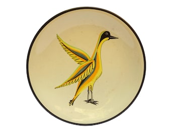 Mid Century Ceramic Bird Plate, Hand Painted French Uzes Art Pottery Signed A Rochat