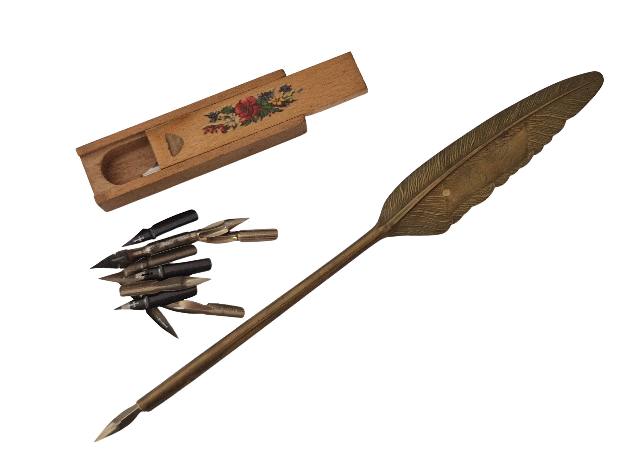 Antique French Brass Feather Quill Fountain Pen with Box of Ink Nibs
