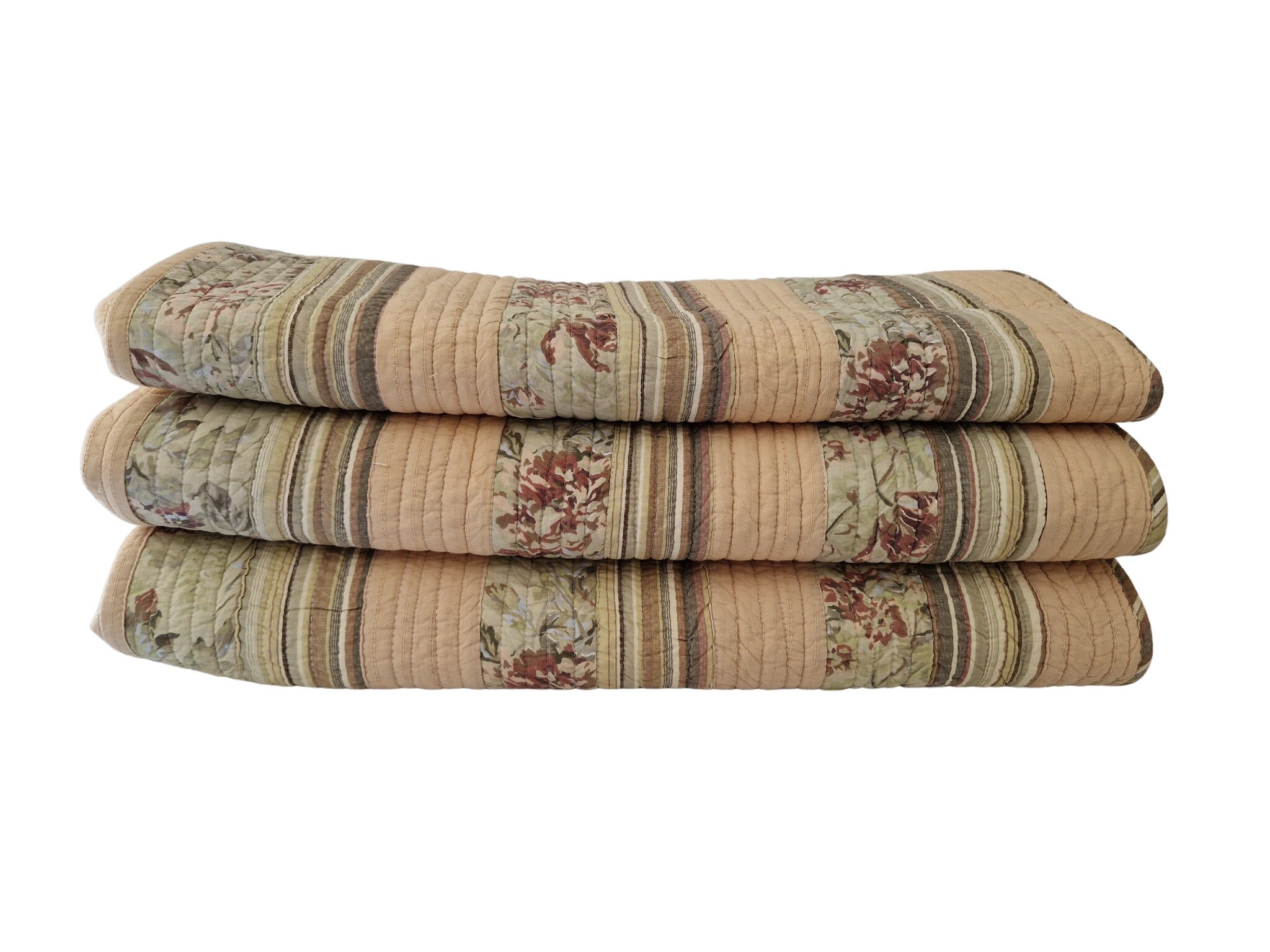 Vintage French Quilt with Rose and Stripe Printed Cotton, Shabby French