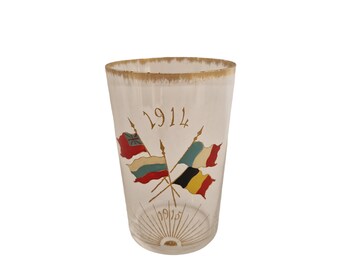 Antique WWI Drinking Glass with Hand Painted Flags, Military Collectible World War 1 French Souvenir