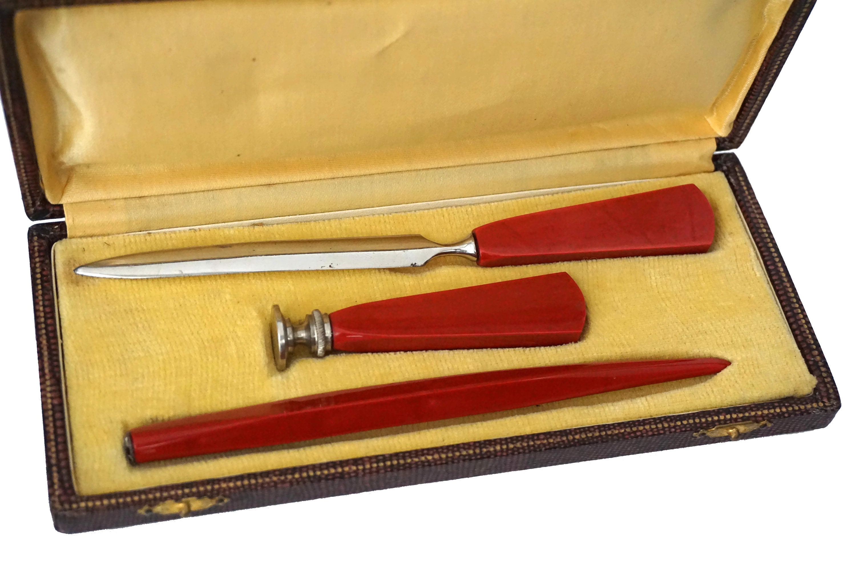 Art Deco Bakelite Writing Set, Boxed Desk Set with Letter Opener, Wax