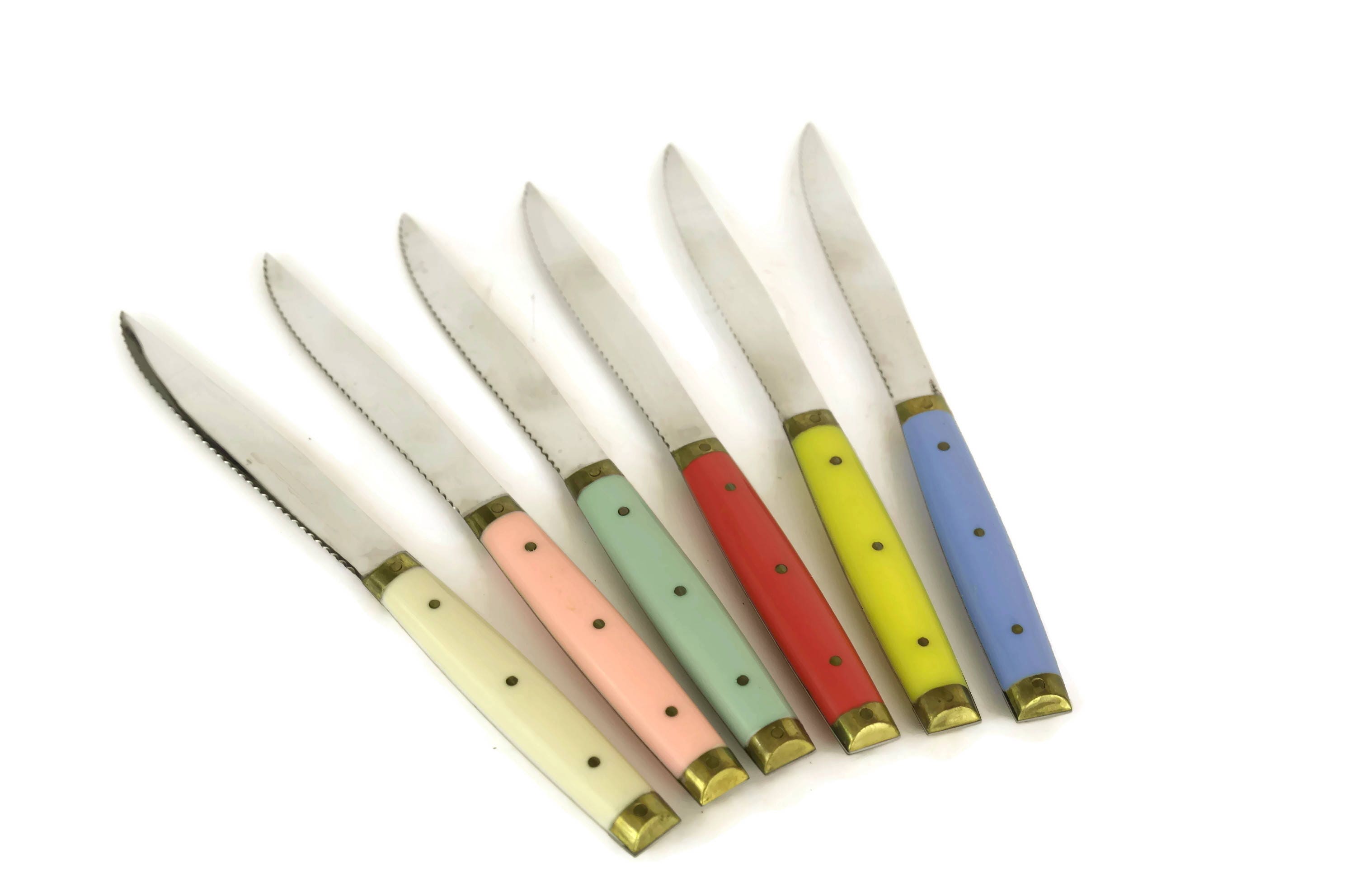 French Vintage Steak Knives with Rainbow Colored Handles.