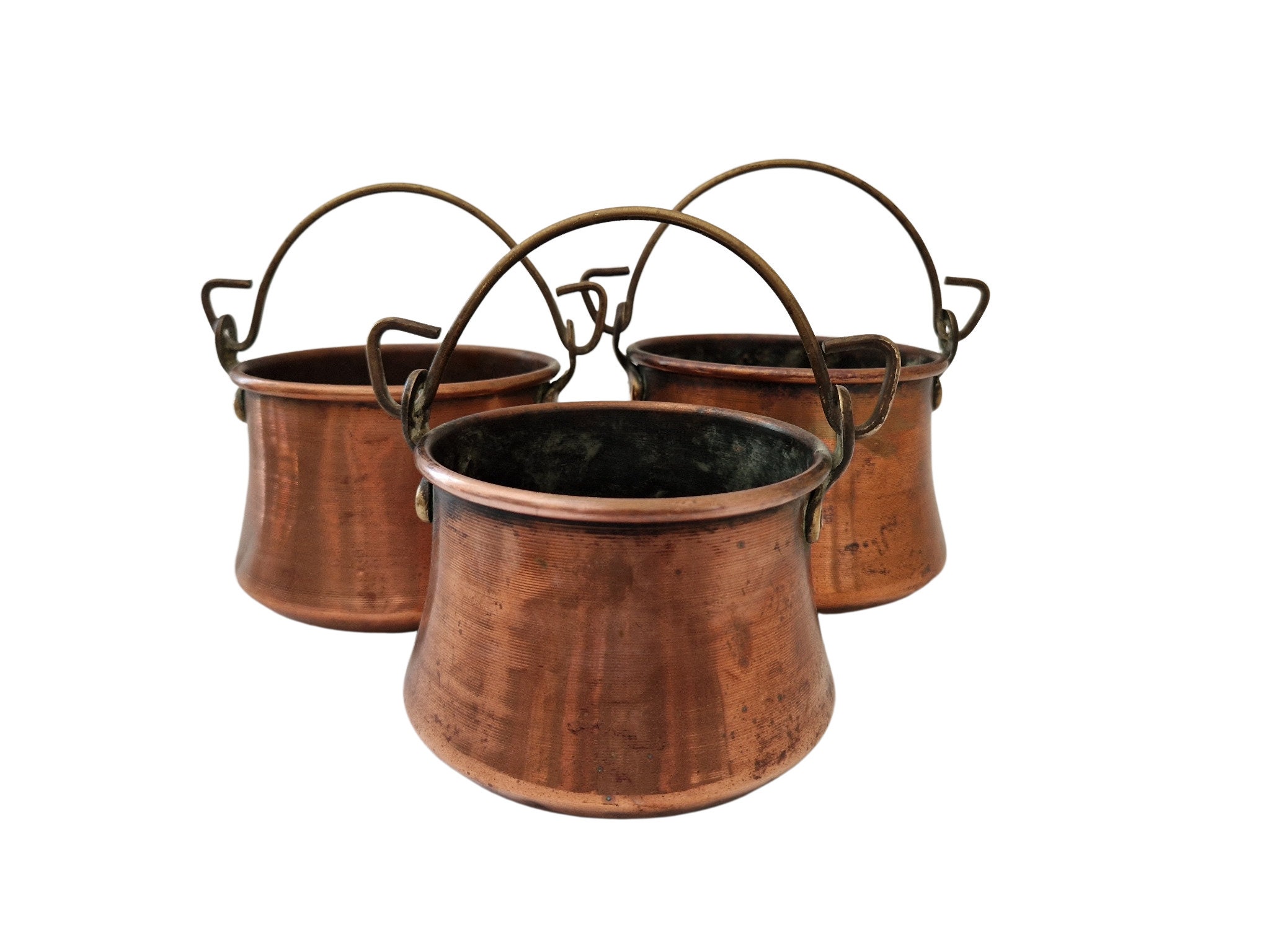 Mid Century French Copper Cauldrons, Set of 3, Rustic Country Kitchen