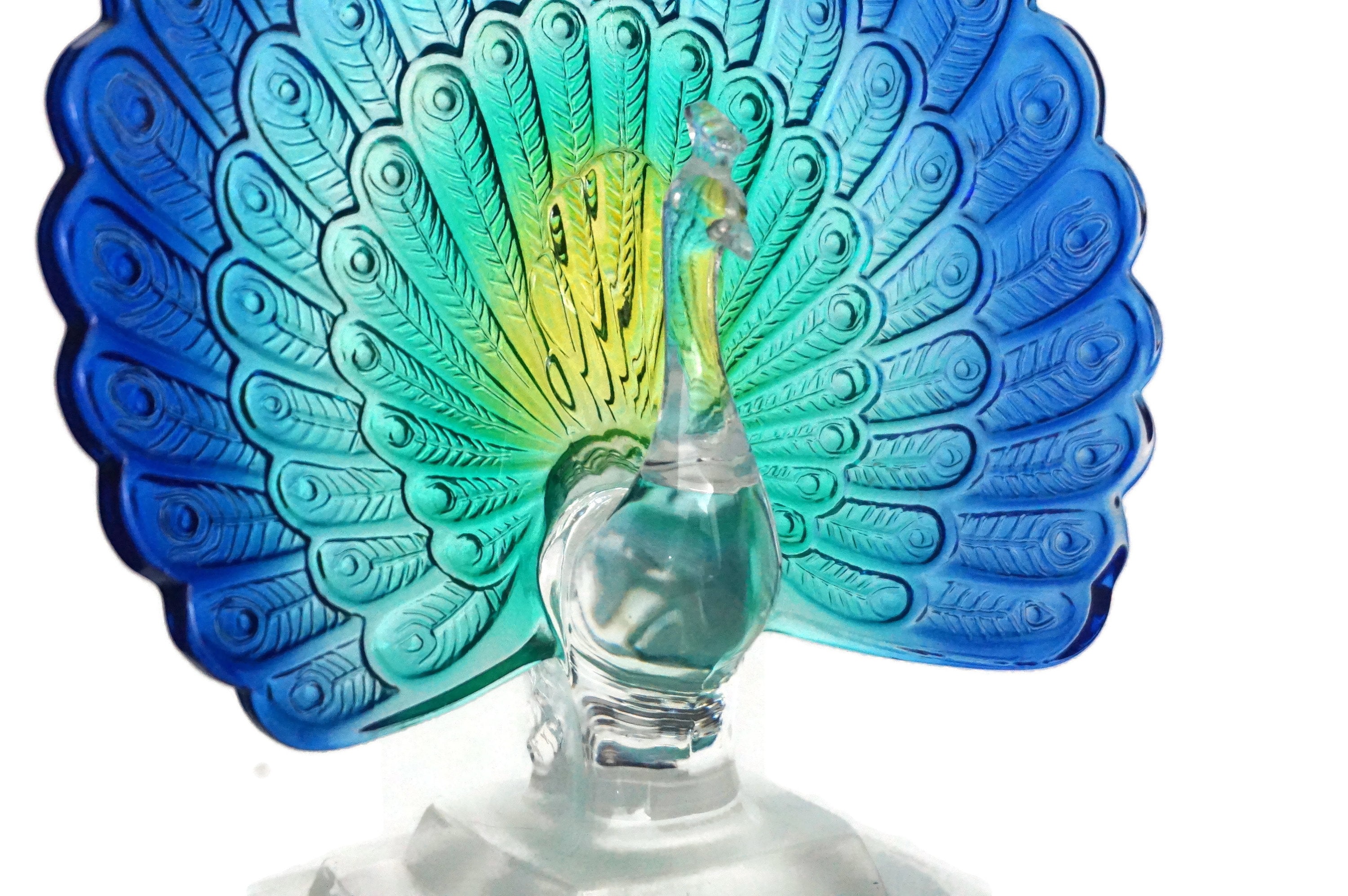 French Crystal Peacock Figurine by Cristal D'Arques, Blue Glass Bird Statue