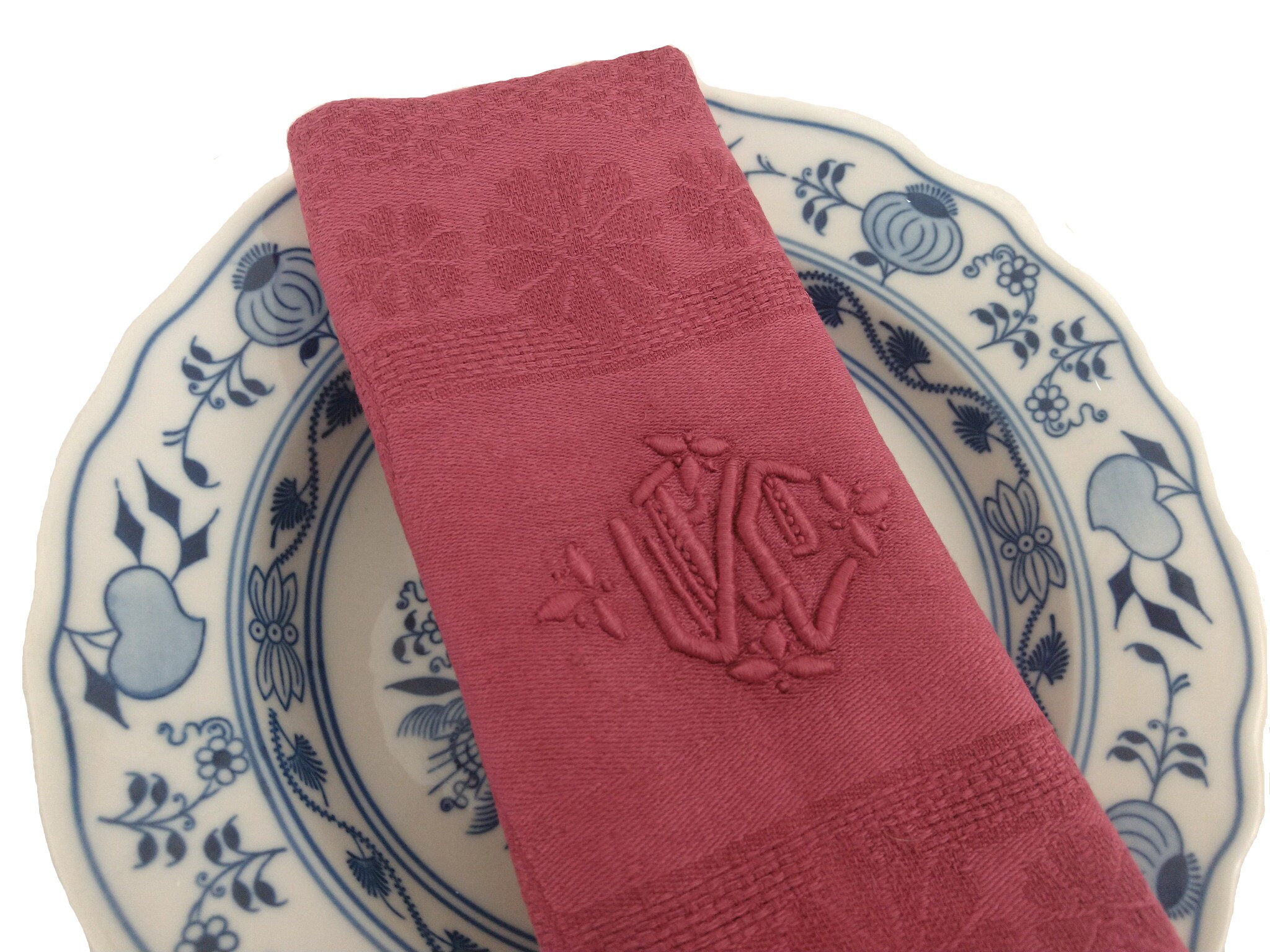 Antique French Linen Napkins, Set of 4, Raspberry Pink Monogram