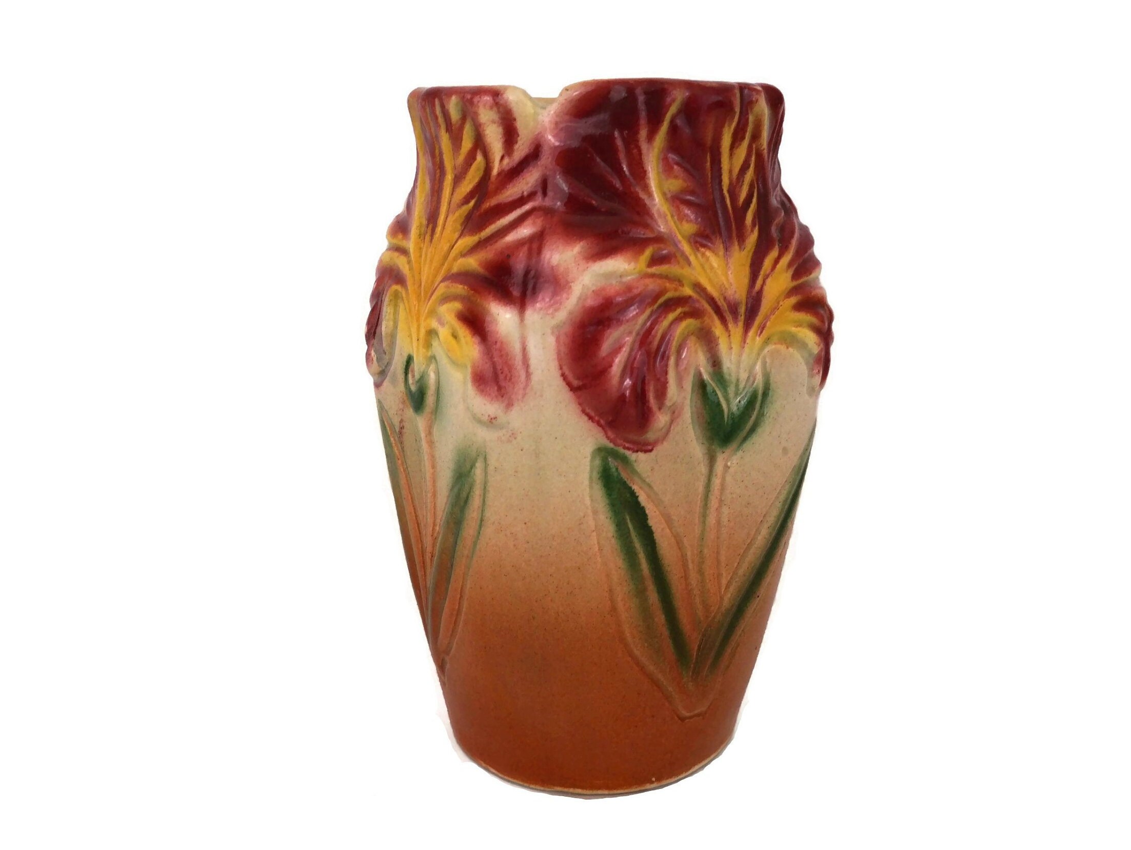 Art Nouveau Iris Flower Vase, Antique French Majolica