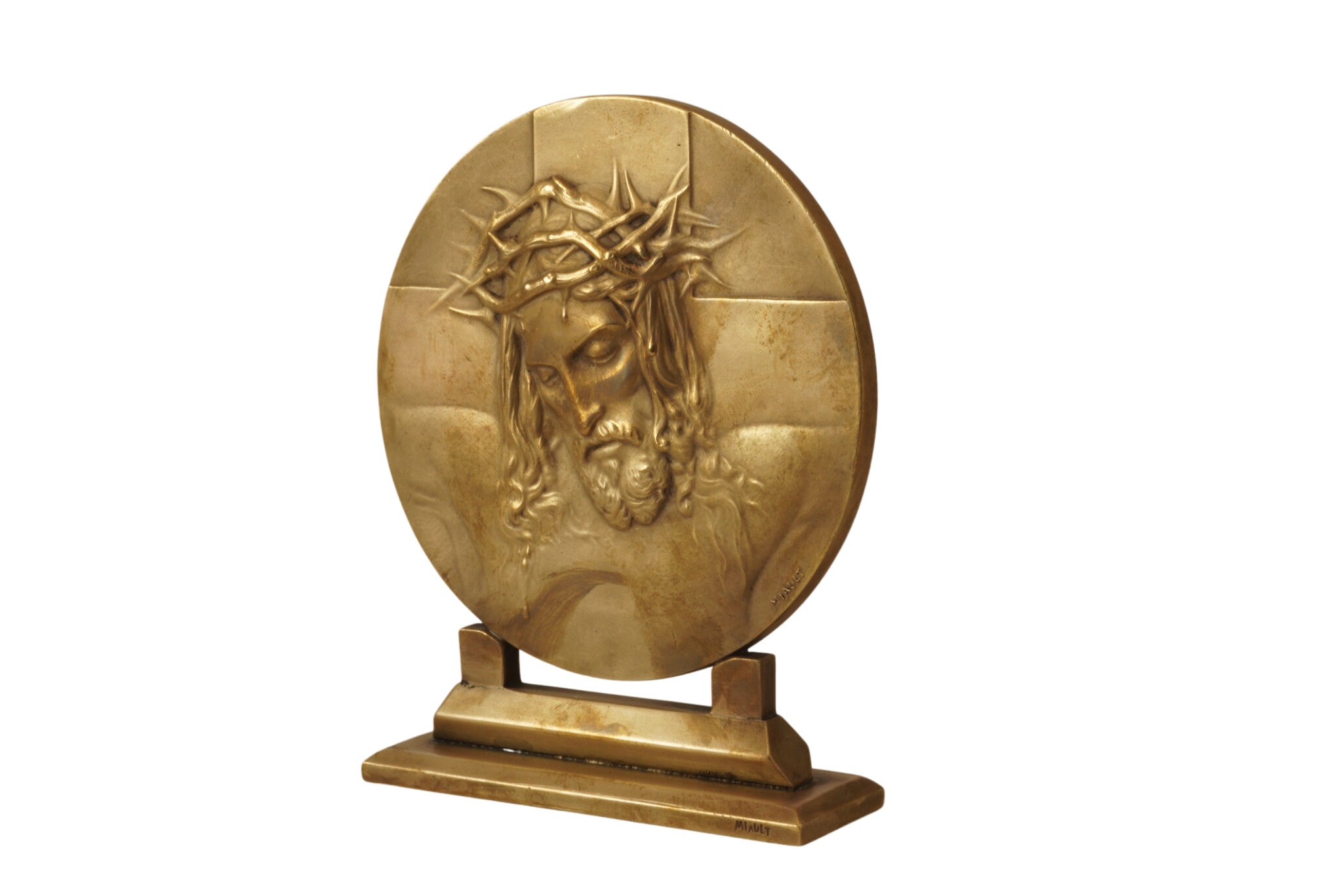 Antique Bronze Jesus Christ Portrait, Medallion Plaque by Henry Miault