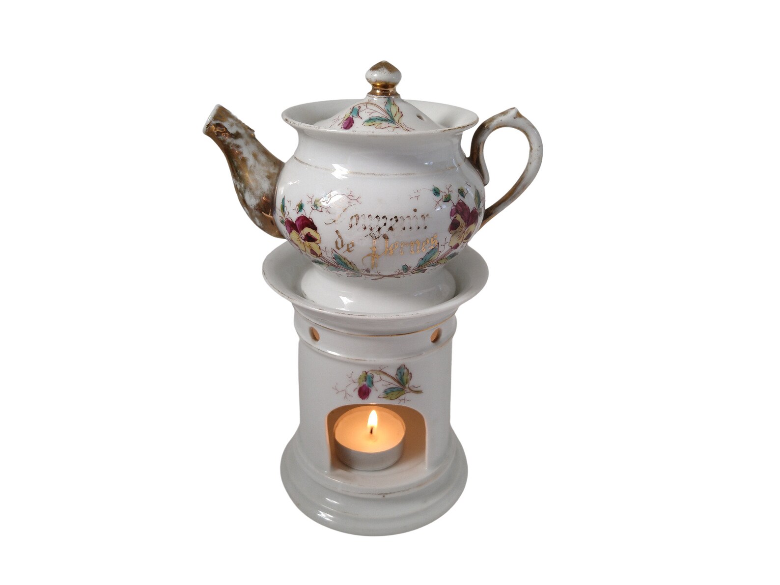 Antique French Porcelain Teapot With Warmer Stand With Pansy Etsy