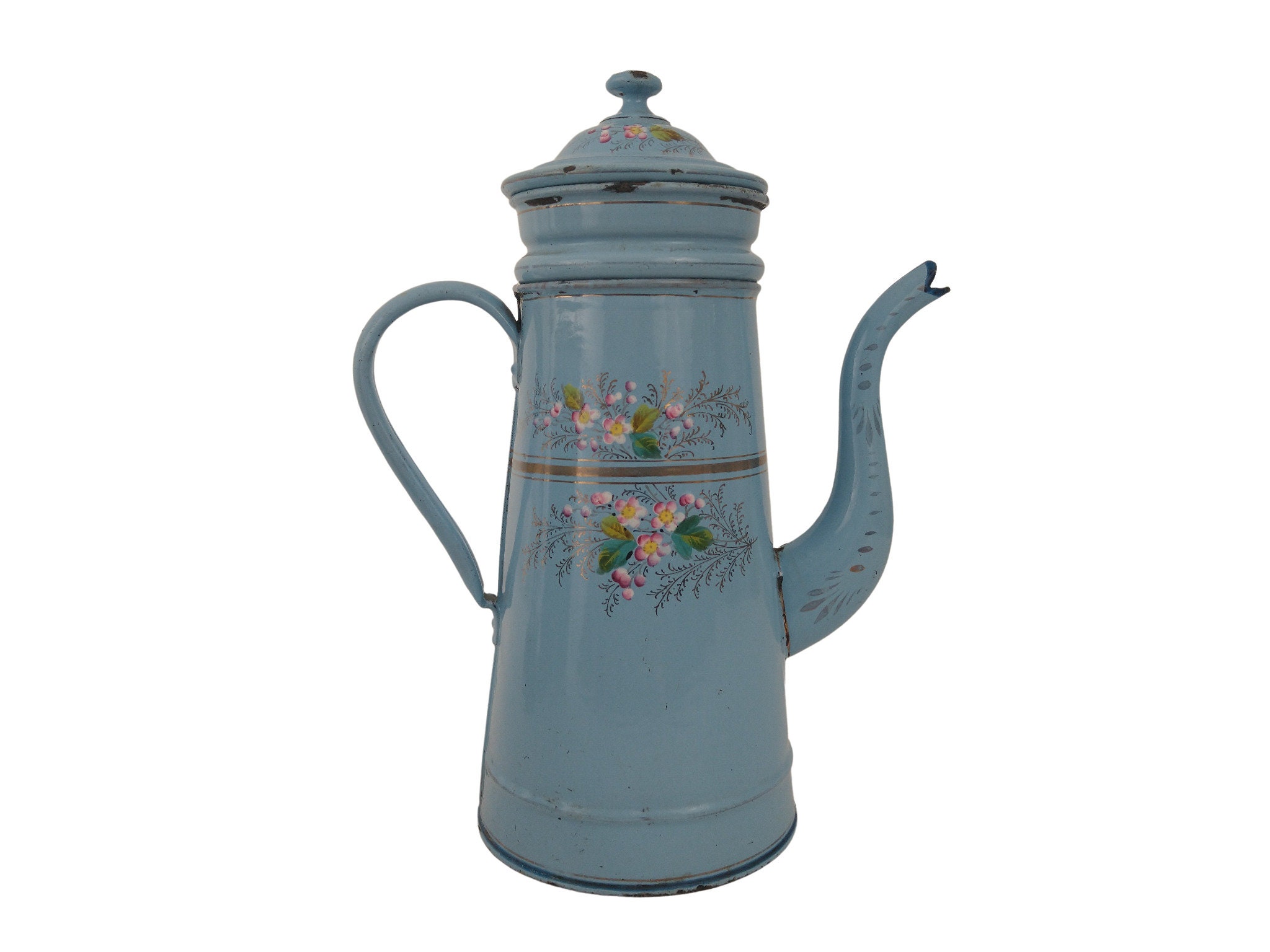 Cafetière en Émail Français Antique avec Des Fleurs Peintes à La Main, Décor de Cuisine Bleu Campagn