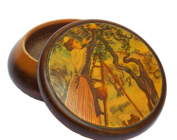 Provence Souvenir Wooden Box with Olive Tree and Arlesienne Lady, French Jewelry Trinket Dish