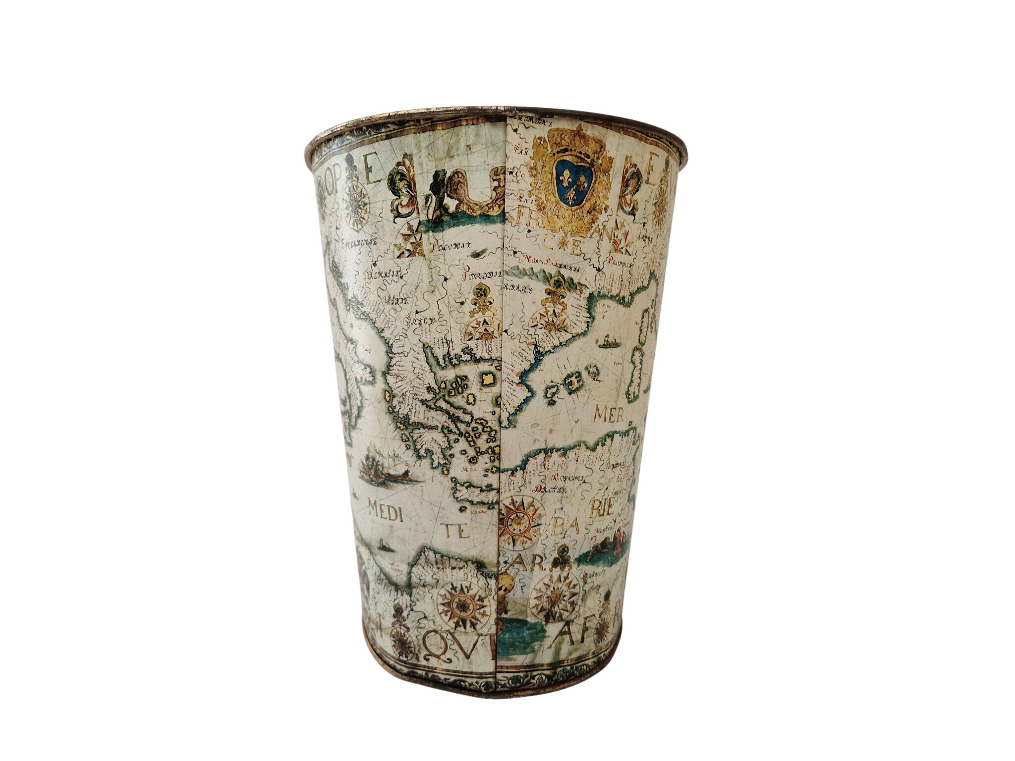 Vintage French Tole Waste Basket with Antique Style Map of Europe by